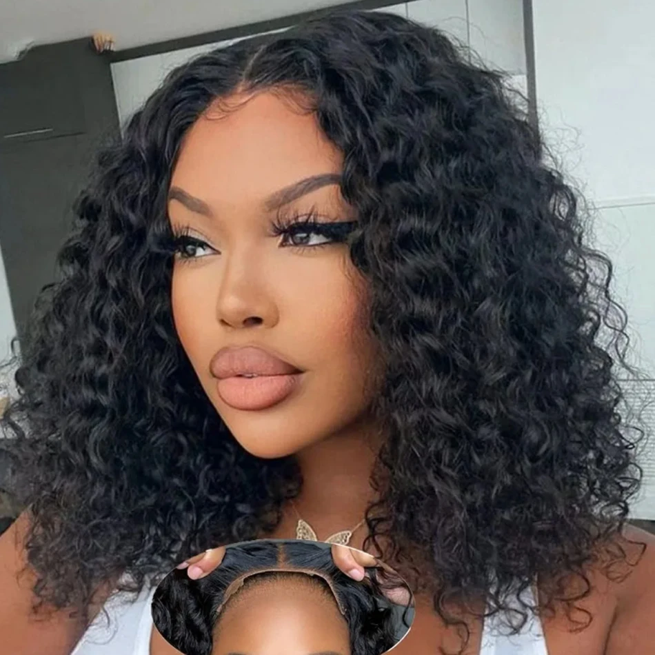 Hair Color: #6, Stretched Length: 10inches - 13X4 Glueless Water Wave Wigs Human Hair Pre Cut Bob Wig Ready To Go 180% Density 4x4 Water Wave Lace Closure Wigs Human Hair