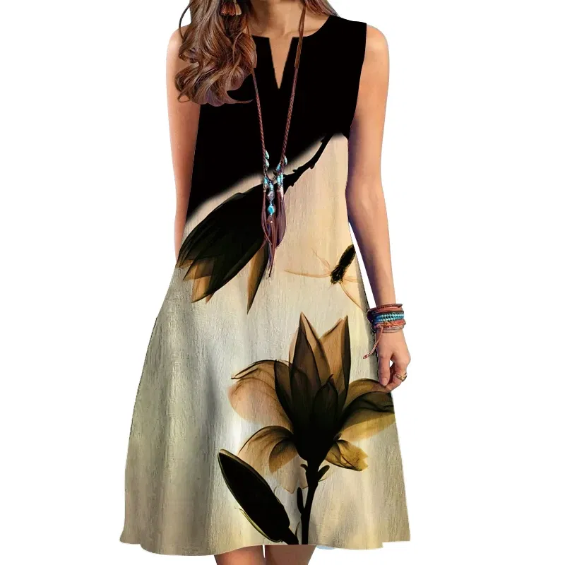 Size: S, Color: MULTI - 2024 European and American Cross-border WOMEN'S Clothing New Dress V-neck Sleeveless Sexy Printed Large Hem Medium Length Dress