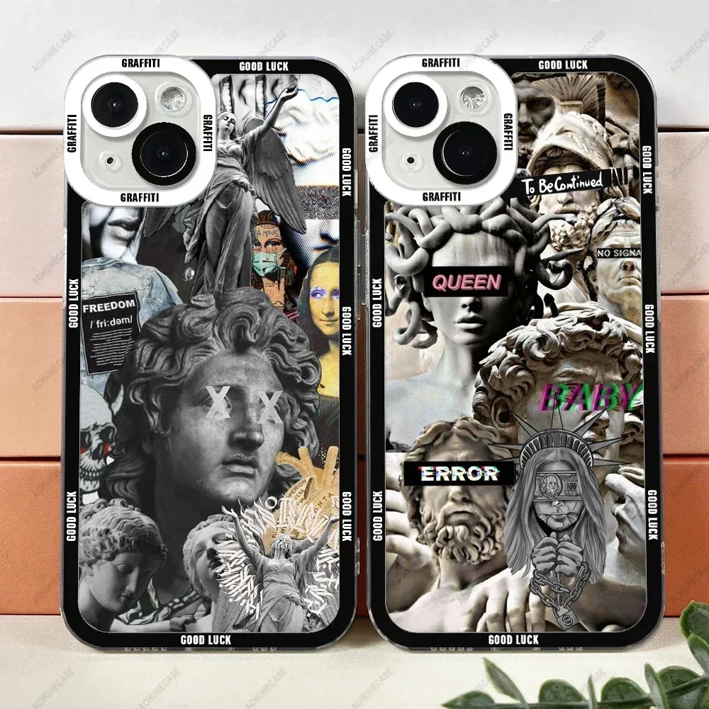 Color: Brown, Material: aluminum - Aesthetic Statue Art Phone Case For iPhone 16 15 14 13 12 11 Pro Max XS X XR Plus Mini Luxury Transparent Soft Funda