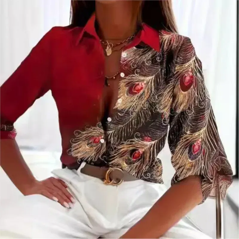 Color: Brown, Size: XL - Fashionable Ladies Trendy Long Sleeved Shirt With Feather Gemstone Print Buttons Lapel Shirt Sleeves Autumn Elegant Ladies Shirt