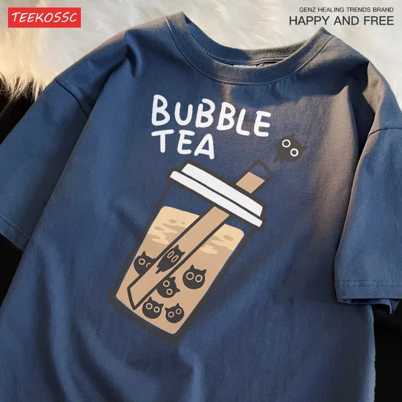Color: SKY BLUE, Size: M - Cat Pearl Milk Tea Cartoonmans T Shirt Fitting Loose Tee Clothing Leisure Shoulder Drop T-Shirts Pleasure Cool Short Sleeved