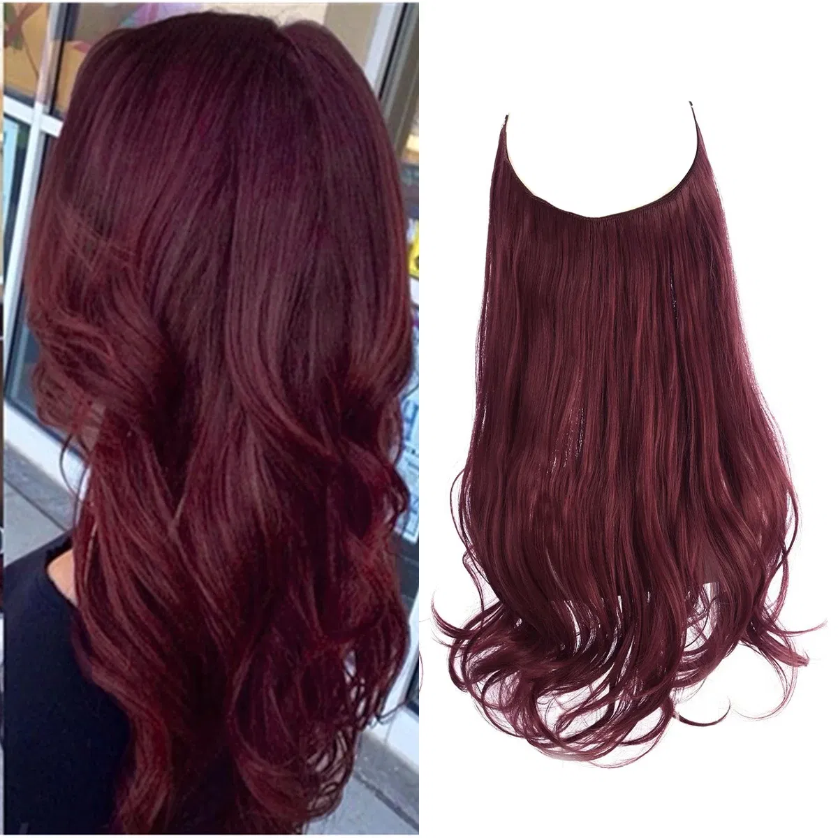 Color: T1B/Burgundy, Stretched Length: 22INCHES - Synthetic No Clip Wave Hair Extensions Ombre Natural Black Blonde Pink One Piece False Hairpiece Fish Line Fake Hair Piece