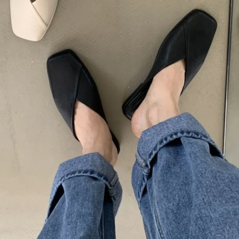 Color: black, Shoe Size: 35 - Fashion Slip on Mules Big Size 43 Flat Slippers 2024 Summer Women Flat Casual Outdoor Square Toe Shoes Ladies Slippers