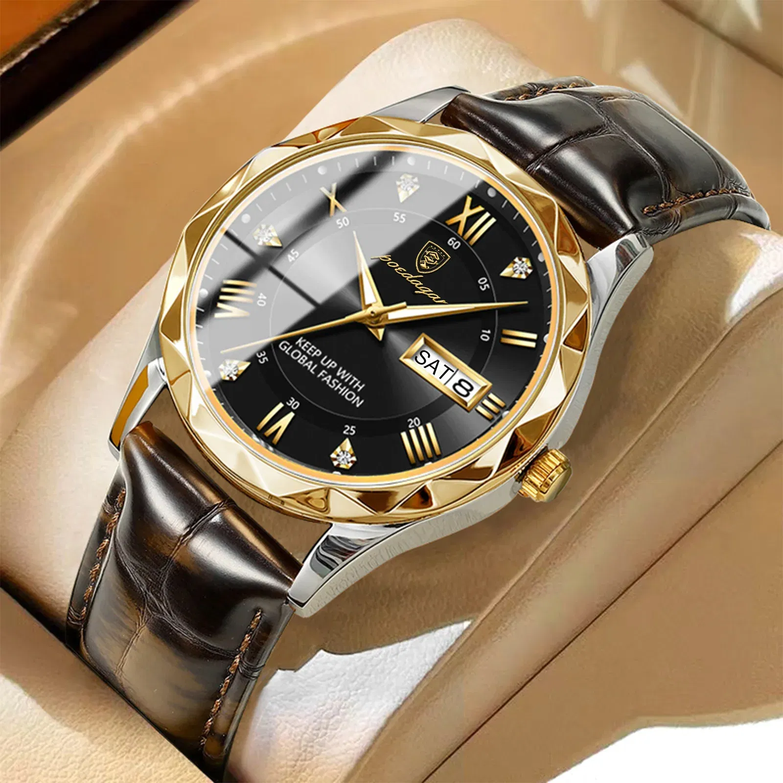 Color: BRONZE - POEDAGAR Luxury Business Man Wristwatch Waterproof Luminous Date Week Men Watch For Men Quartz Clock Leather Men's Watches reloj