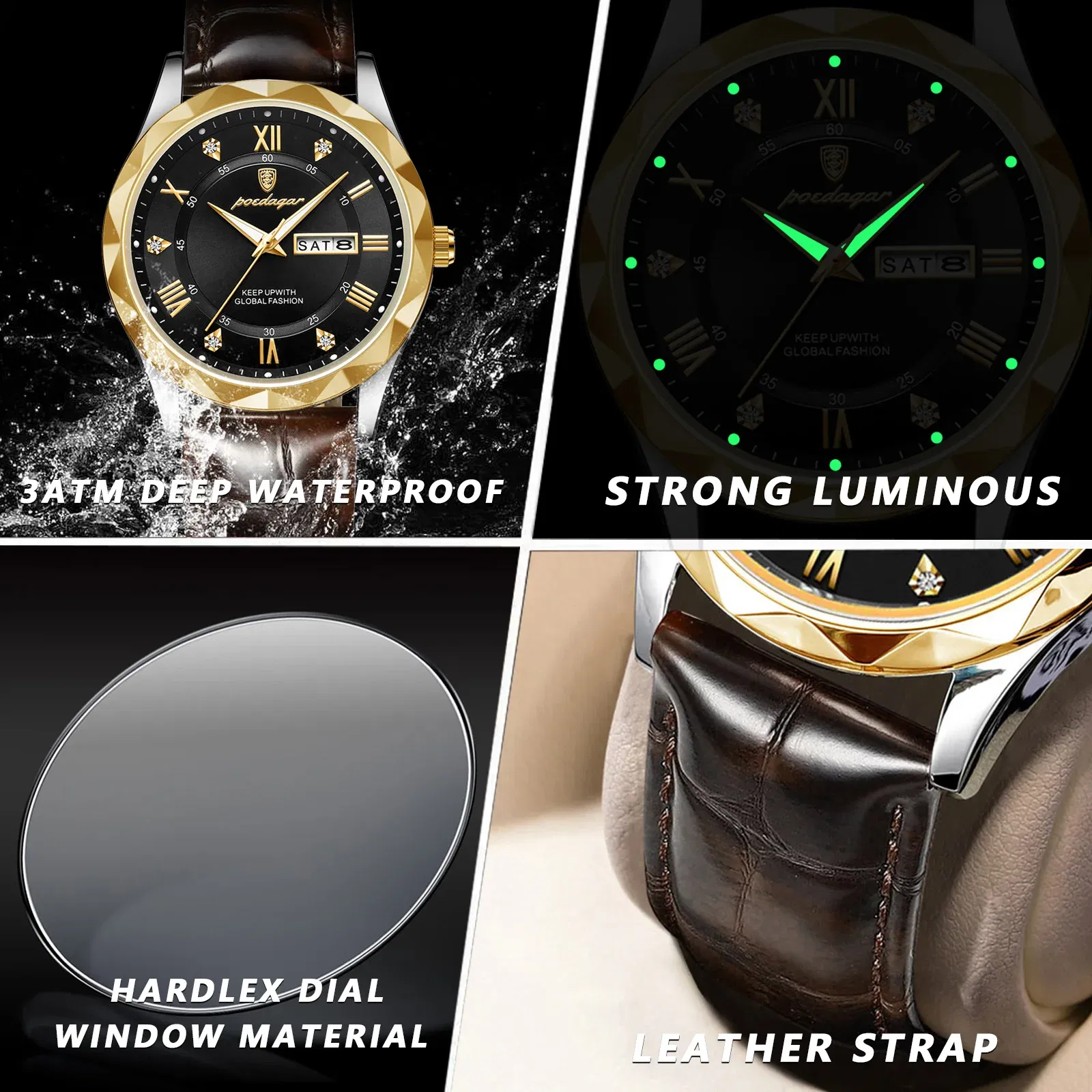 Color: BRONZE - POEDAGAR Luxury Business Man Wristwatch Waterproof Luminous Date Week Men Watch For Men Quartz Clock Leather Men's Watches reloj