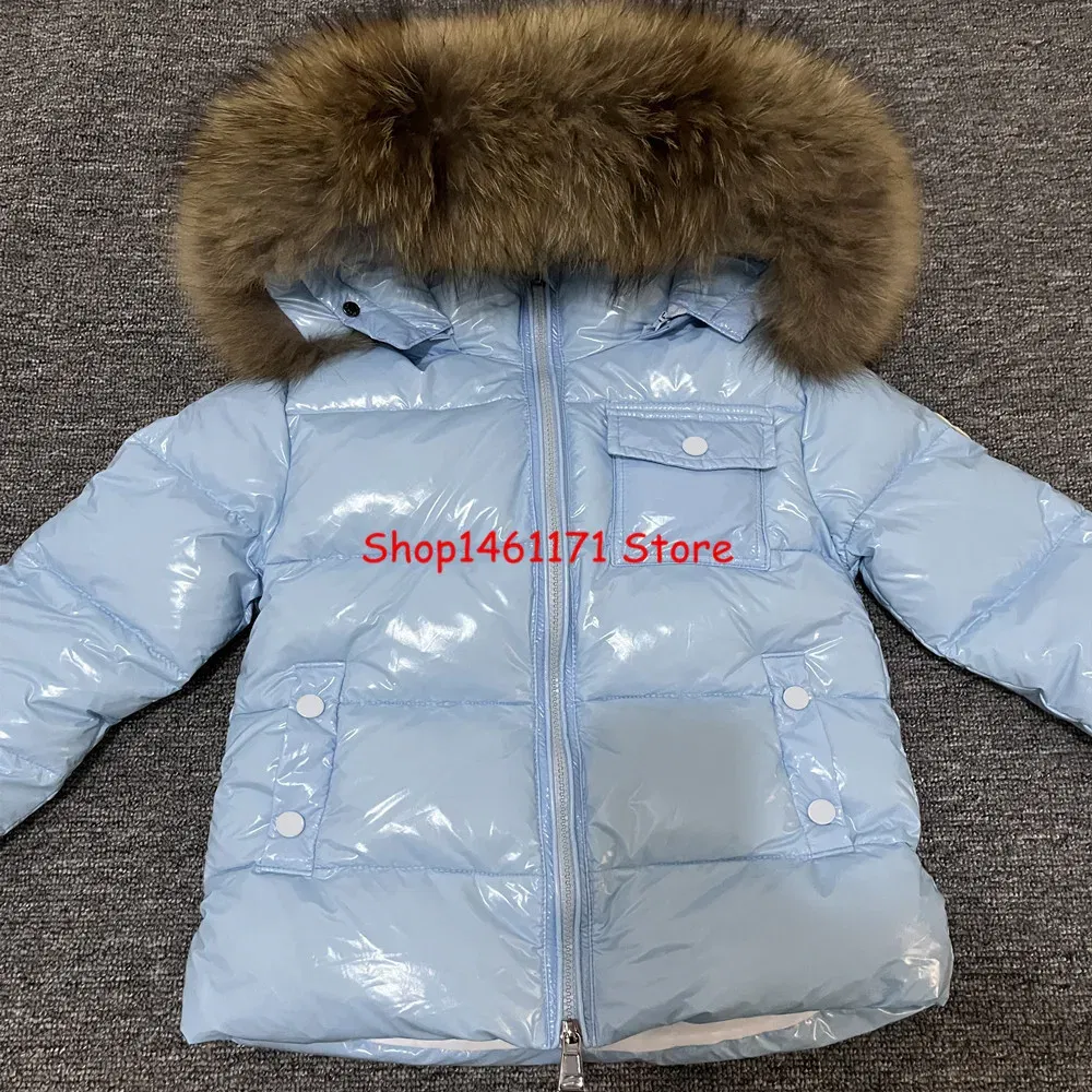 Color: Beige, Kid Size: 3T - Kids Winter Down Jacket Shiny Real Raccoon Fur Collar Toddler Boys Hooded Coat Baby Girls Warm Snowsuit Children's Parkas