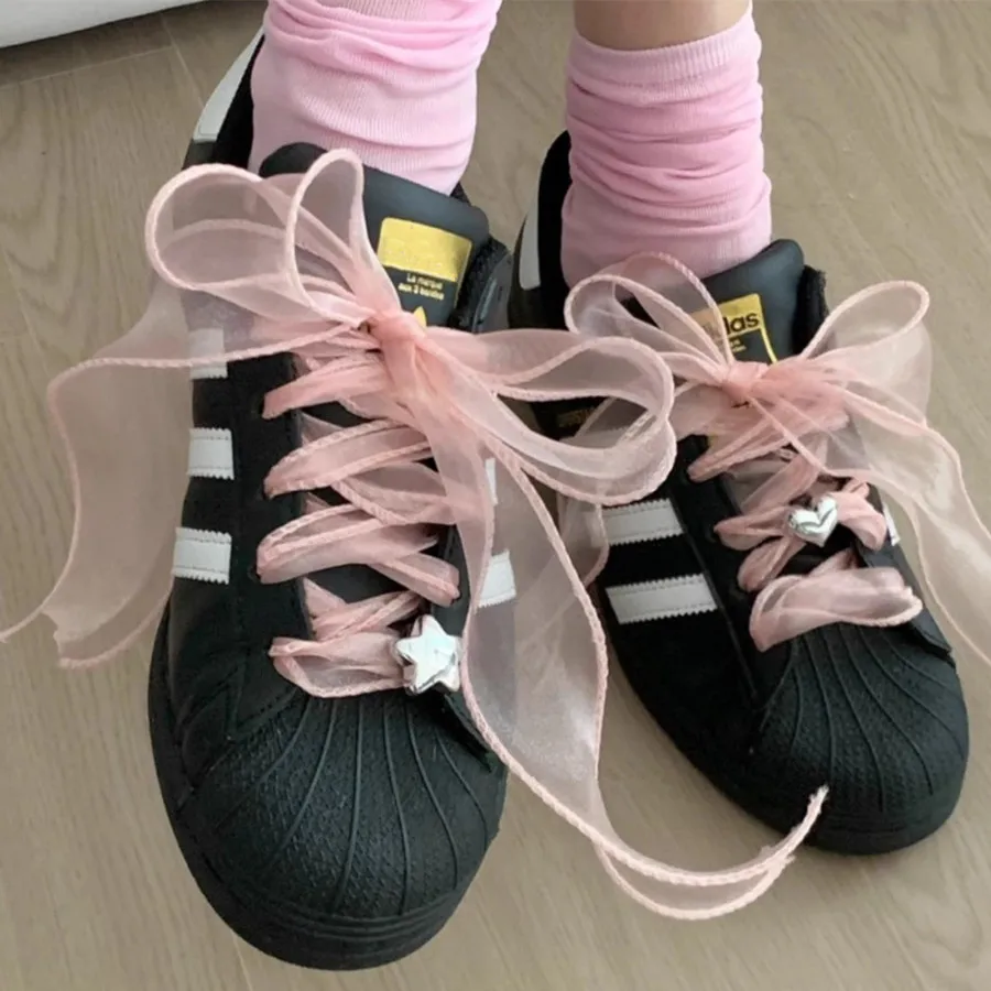 Color: Gold, Length: 100cm - 4cm Wide Festoon Fishtail Organza Shoelaces Wave Chiffen Fall Winer Bow Laces Beauty White Casual Sneaker DE Training Shoes Lace