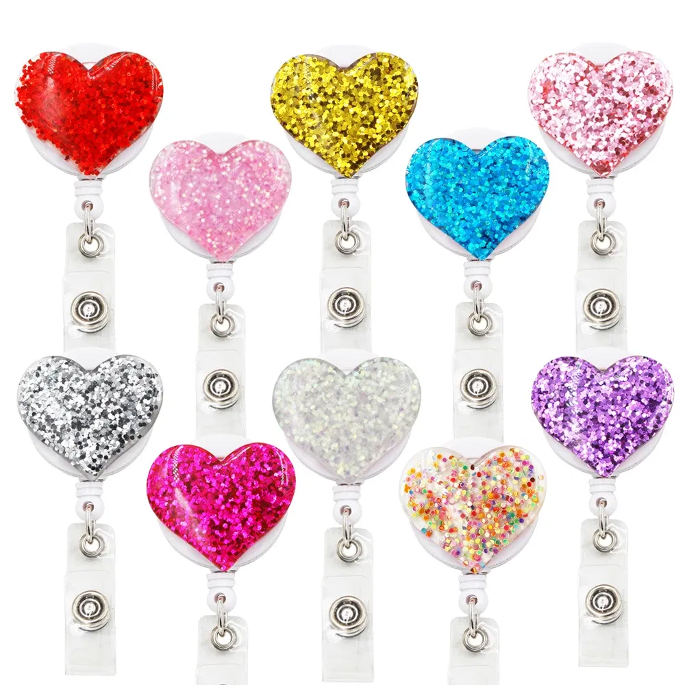 Color: Red - idclip 10 Pcs Bling Love Heart Retractable Badge Holder Badge Clips for Nurse ID Badge Reel with Alligator Clip