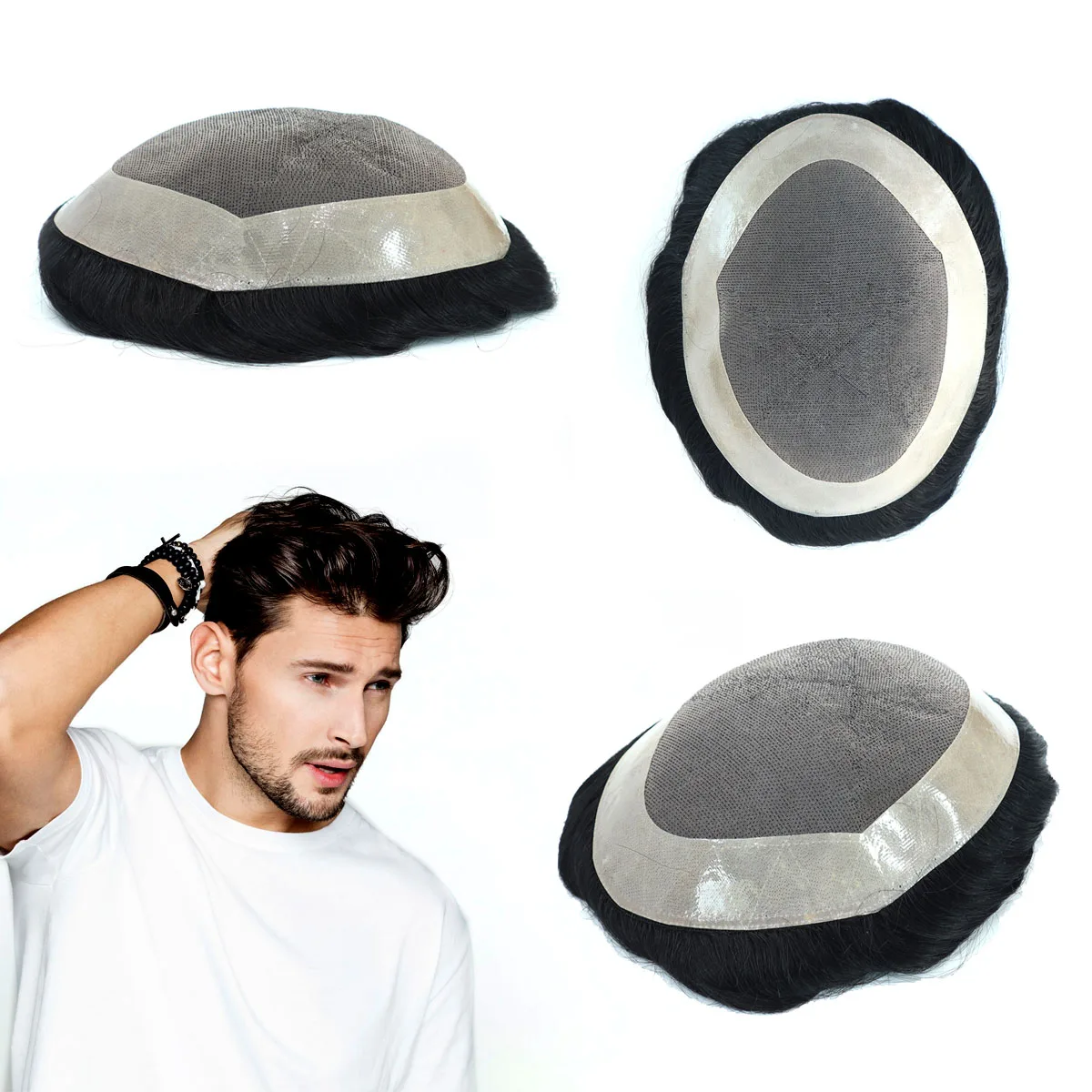 Toupee Color: 1b#, Toupee Density: 130%, Length: 6 inches, Ships From: CN, Toupee Size: 6x9, Toupee Design: free - Hywel 6 Inches Fine Mono Men Toupee Hair Men's Capillary Prosthesis Men's Wigs Replacement System Hair Natural Black Hair Units