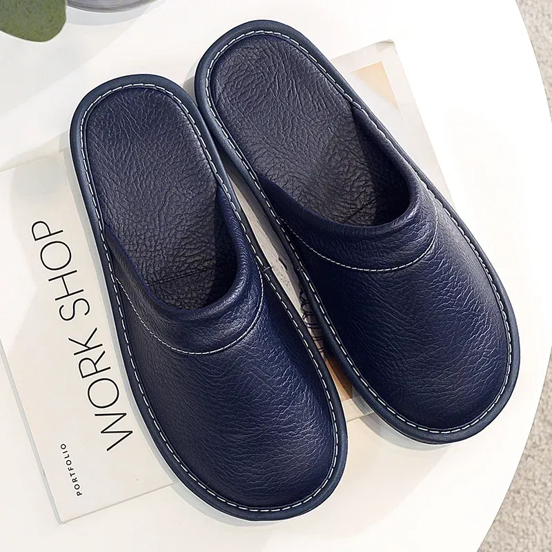 Color: Blue, Shoe Size: 6 - Mens Bedroom Leather Slippers Unisex Black Home Shoes Big Size 47 48 Man's Slippers Indoor Comfy Males Slides Family Flats Shoes