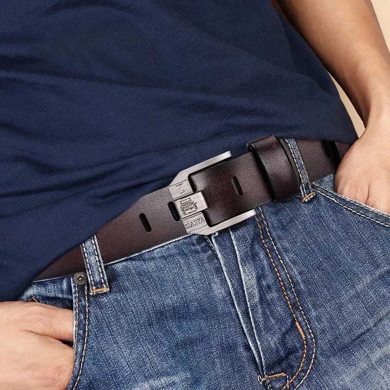 Color: WHITE, Belt Length: 110cm - 130CM Leather Cowhide Men's Belt Fashion Metal Alloy Pin Buckle Adult Luxury Brand Jeans Business Casual Waist Male Strap Brand