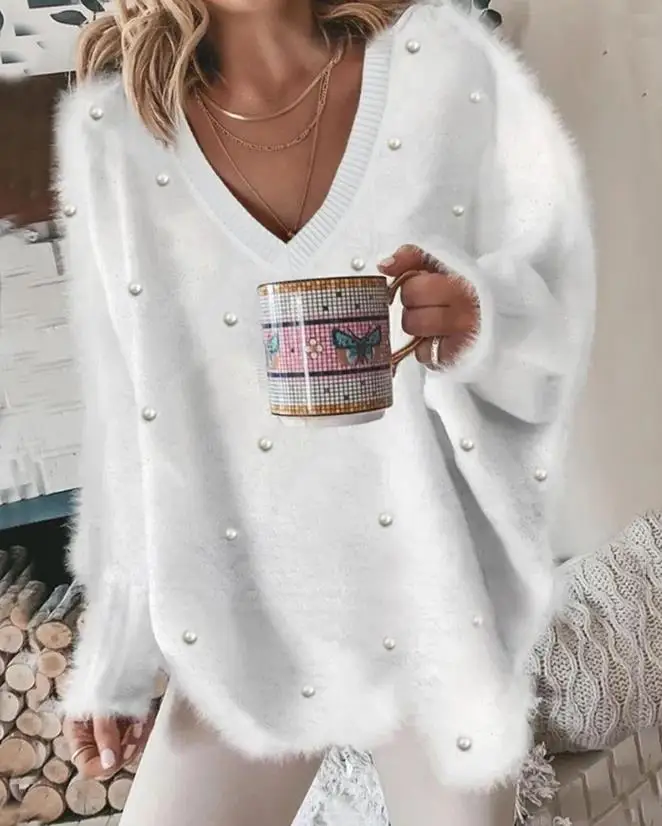 Color: SKY BLUE, Size: S - Korean Style Lazy Women's Sweater 2024 Autumn Ribbed Knitted Pullover V-Neck Pearl Long Sleeved Fluffy Top Women's Loose Sweater