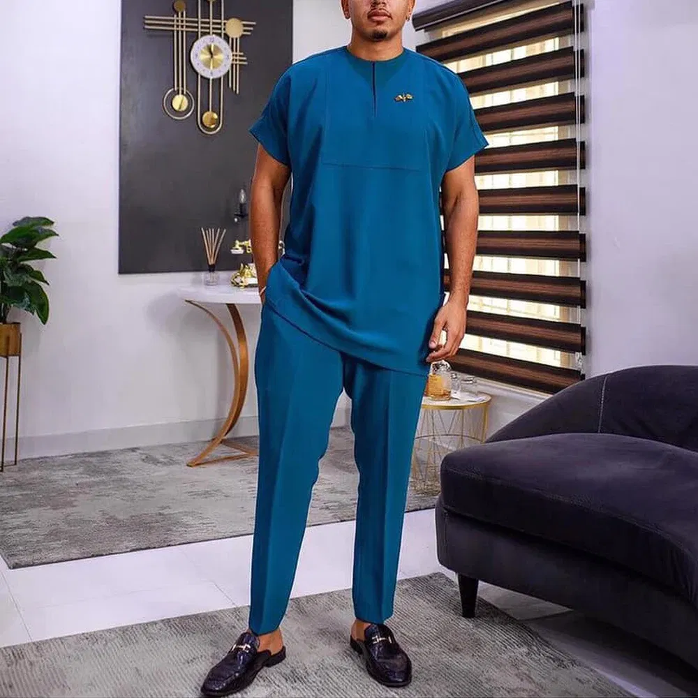 New Kaunda Boutique Men's Set Fashionable Red Luxury Grand Round Neck Embroidery Slim Fit Two Piece Wedding Festival Set