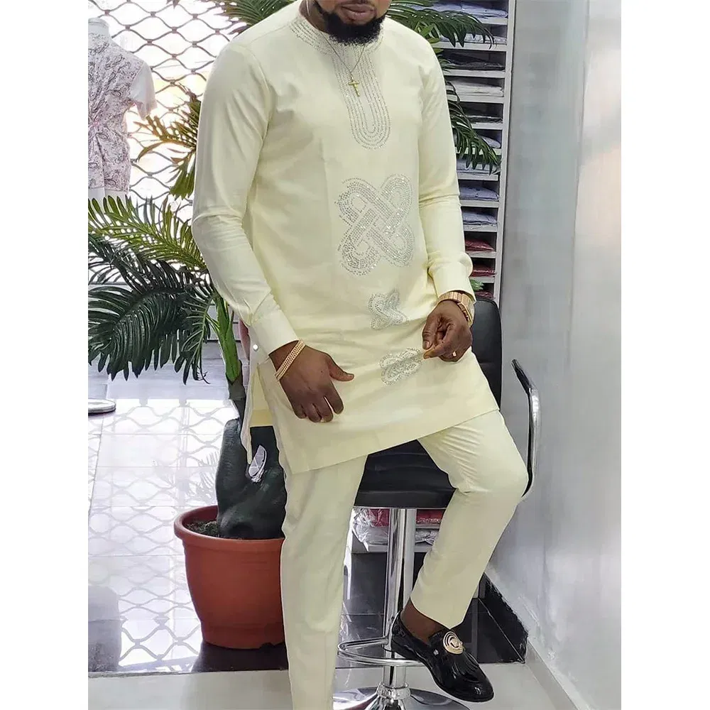 Color: green, Size: 4XL - 2024 New African Traditional Men's Set Elegant and Fashionable Men's Suit Casual Embroidery Two Piece Set Men's Suit Kaftan
