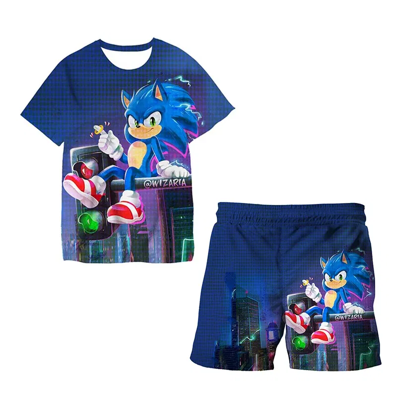 Color: Burgundy, Size: 25cm - New Japanese cartoon Sonic T-shirt children's top T-shirt shorts two-piece set summer boy cartoon cute T-shirt+beach pants