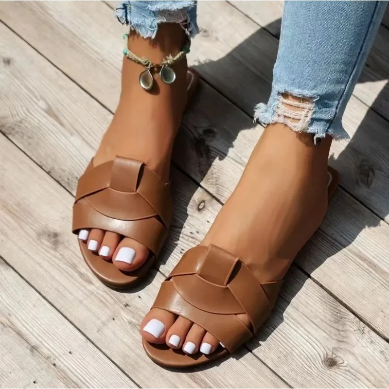 Color: Chocolate, Shoe Size: 36 - New Fashion Slippers Women Sexy Flat Sandals Casual Ladies Sand Beach Slippers Elegant Fish Mouth Slippers Women