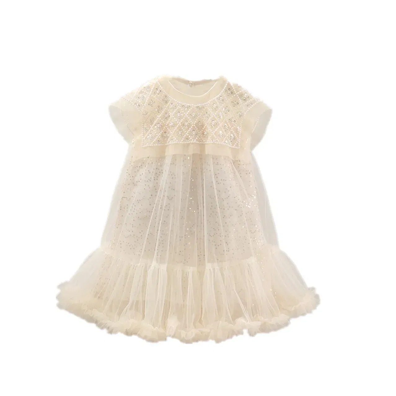 Color: Beige, Kid Size: 7 - Girls' Princess Dress 2023 Spring Summer Children's Wear Korean  Pearl Neck Princess Dress Fashion Yarn Dress