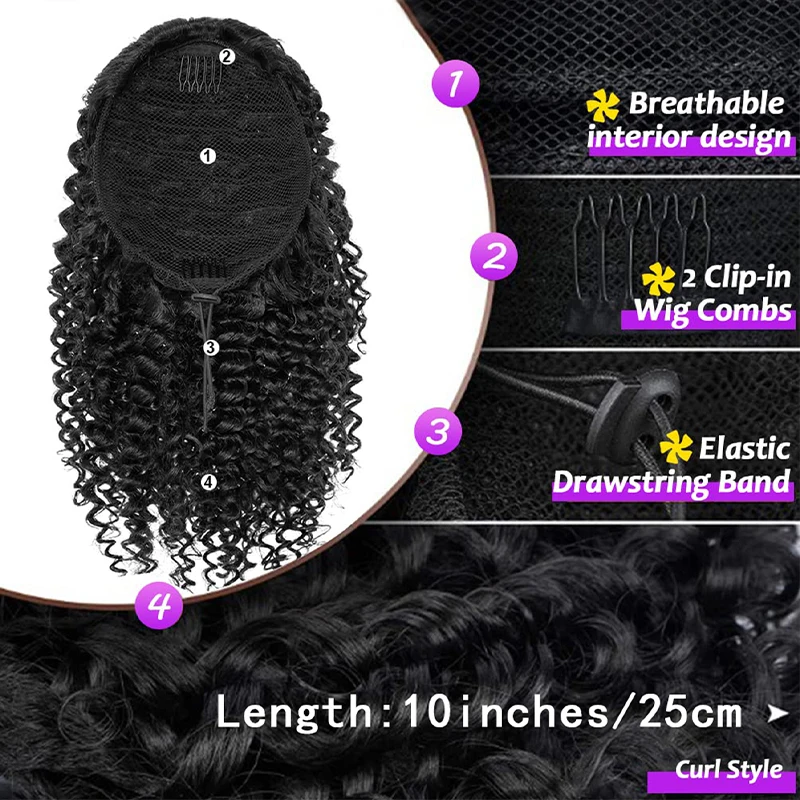 Color: P1B/613 - Synthetic Drawstring Curly Ponytail Extension for African Women Short Afro Kinky Ponytail Extension