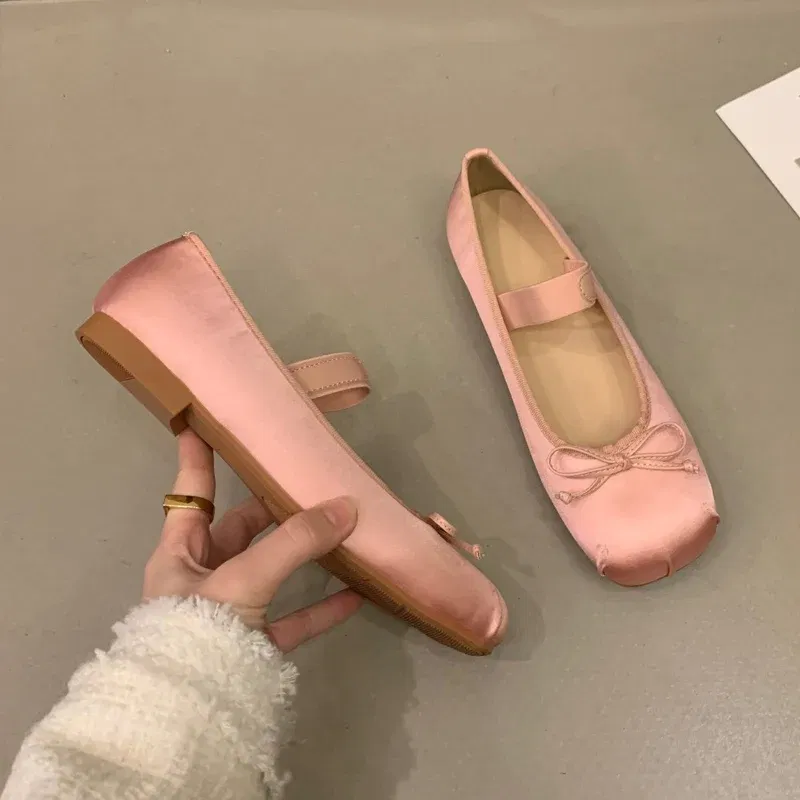 Color: SKY BLUE, Shoe Size: 40 - 2023Luxury Satin Silk Ballet Shoes Woman Classic Square Toe Bowtie Elastic Band Ballerina Flats Ladies Soft Loafers