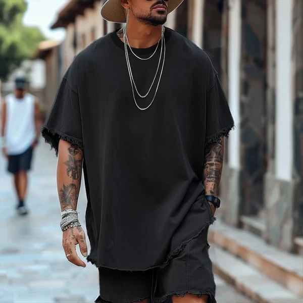 MEN'S SOLID LOOSE ROUND NECK SHORT SLEEVE T-SHIRT