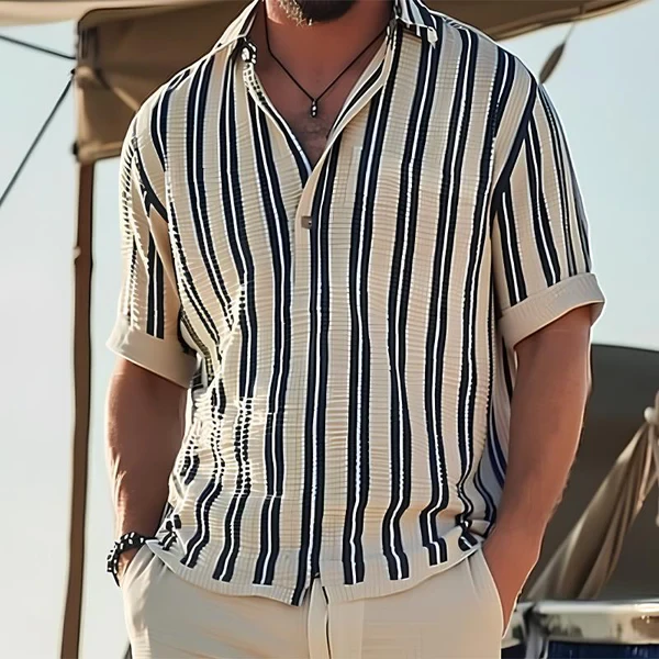 MEN'S STRIPED LAPEL V-NECK SHORT SLEEVE SHIRT