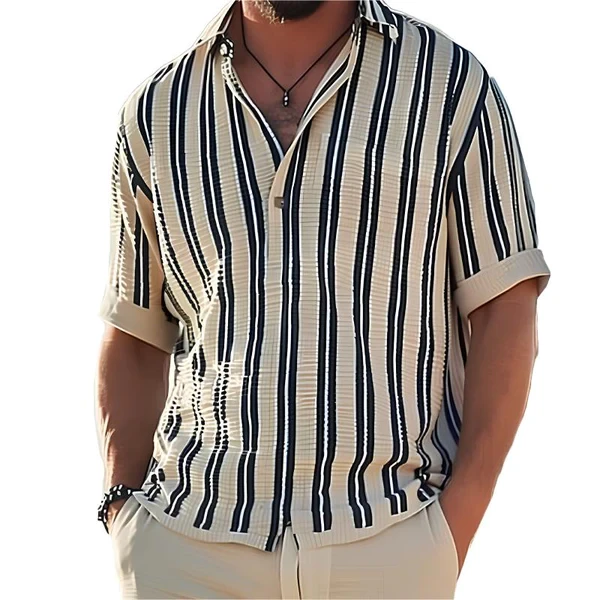 MEN'S STRIPED LAPEL V-NECK SHORT SLEEVE SHIRT