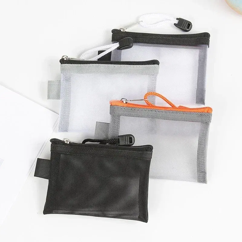 Color: Pink - Mini Mesh Coin Bags Money Earphone Data Line Storage Bags Bus ID Credit Card Holder Zipper Pouch Traveling Small Coin Wallet