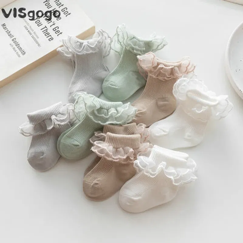 Color: WHITE, Kid Size: 6M - VISgogo Baby Girls Socks Lace Ruffles Sweet Anti-Skid Princess Socks Toddler Spring Fall Cute Kids Socks