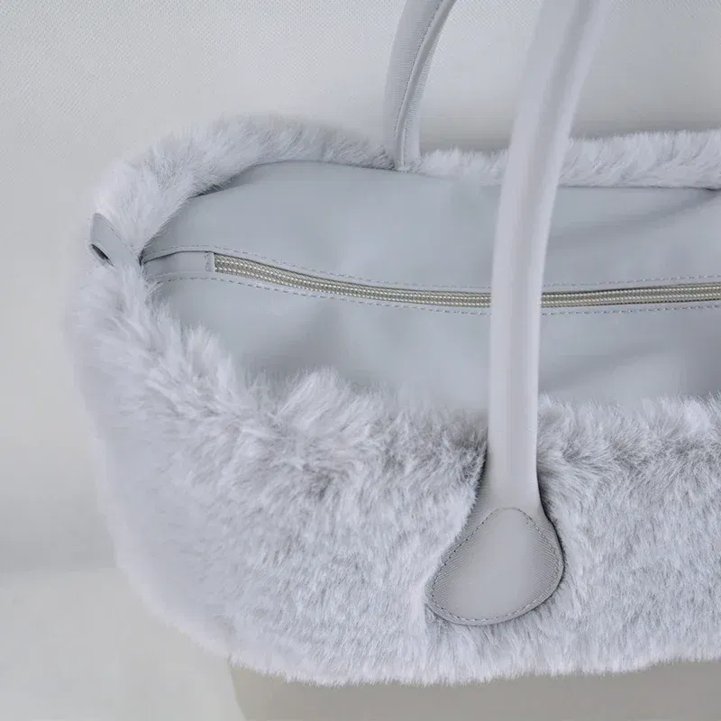 Color: Silver - New  Autumn winter obag  Faux Rex Rabbit fur zipper up furry Trim  Inner pocket for Classic Mini O bag Accesorios