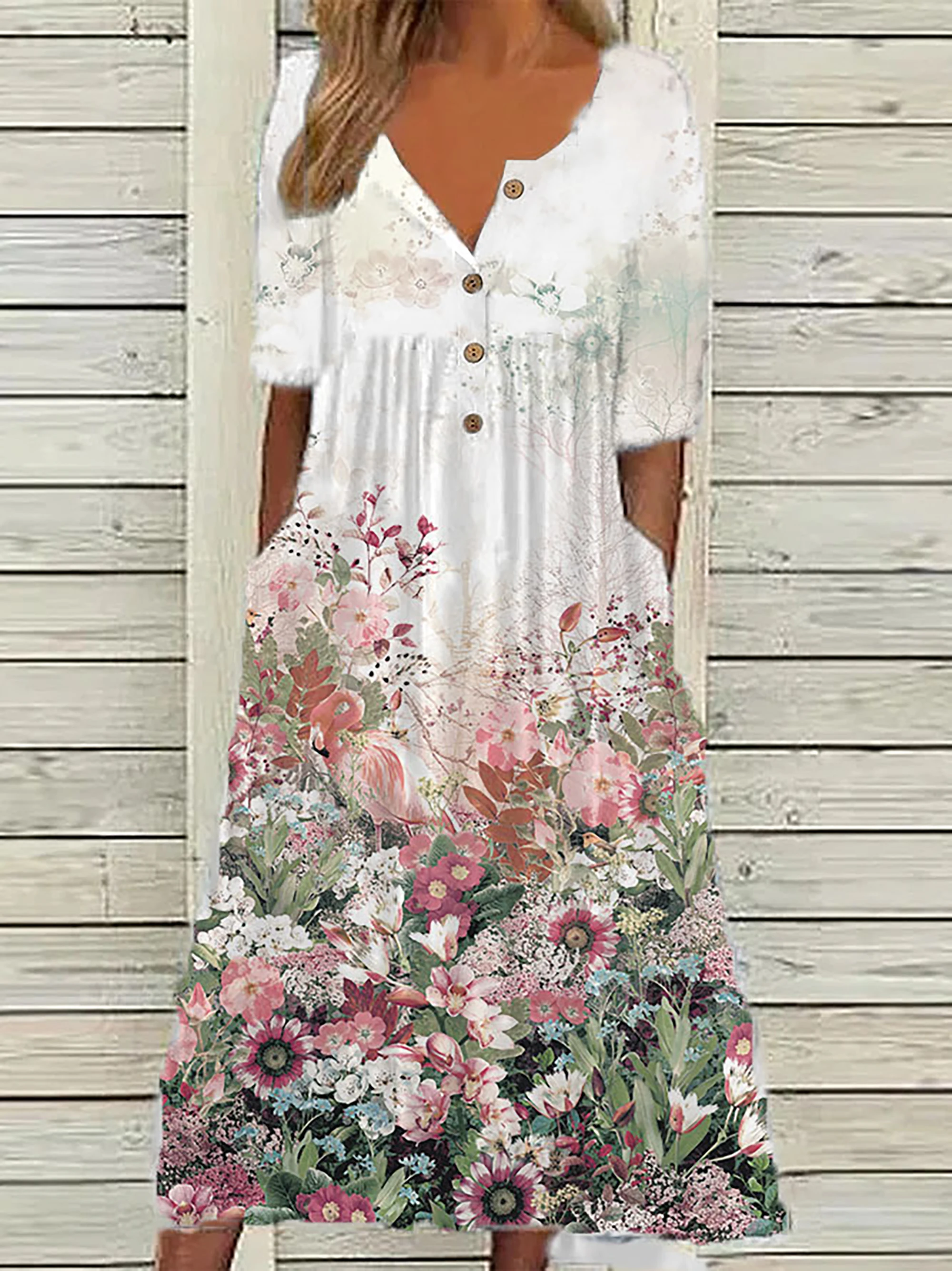 Color: Blue, Size: 5XL - 2024 Europe and the United States spring new fashion printed V-neck button short sleeve plus size women's size women's pocket