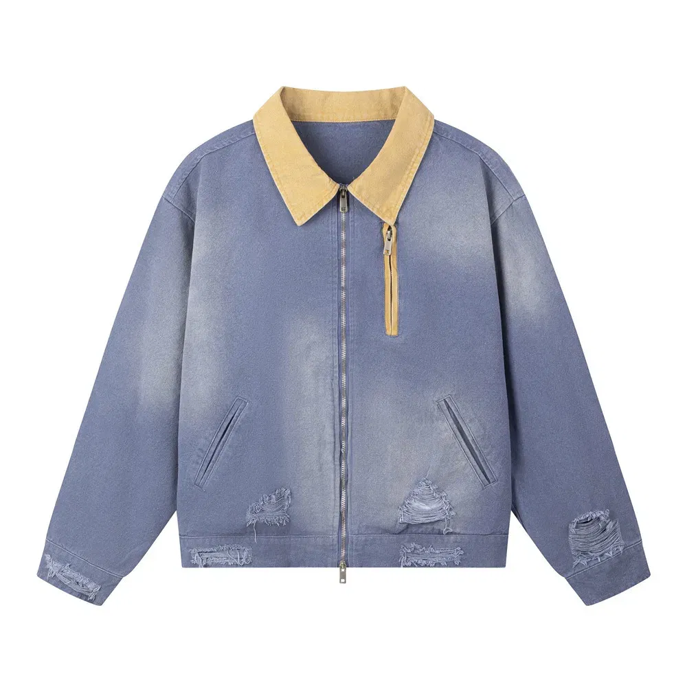 Color: Blue, Size: M - Color Block Cargo Jacket Mens Ripped Spring Retro High Street Loose Lapel Long Sleeve Outerwear Men