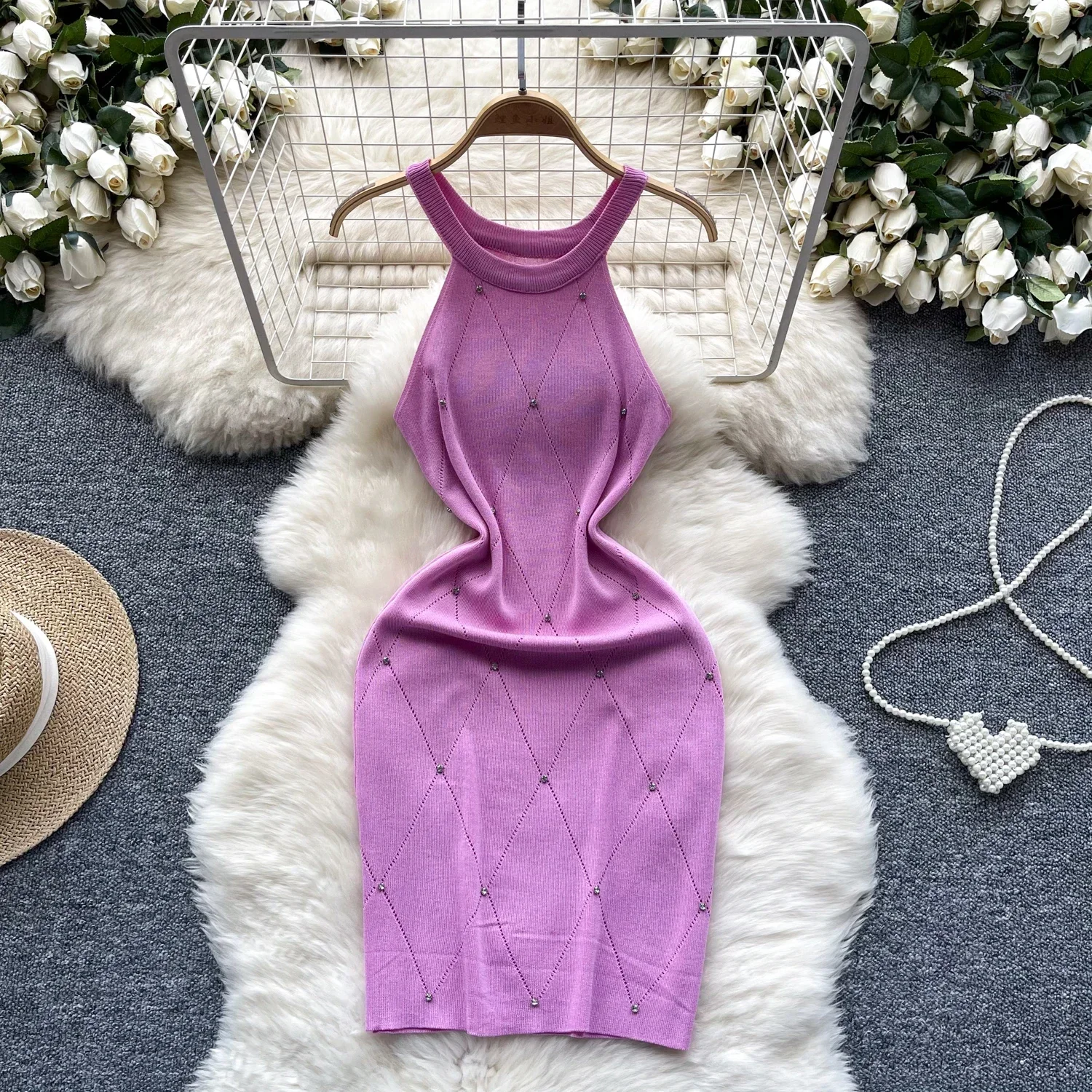 Color: Rose Red, Size: One Size - Beading Halter Women's Knitting Sheath Tank Dress Female Bodycon Knitted Camisole Sleeveless Mini Dresses For Woman Outfits