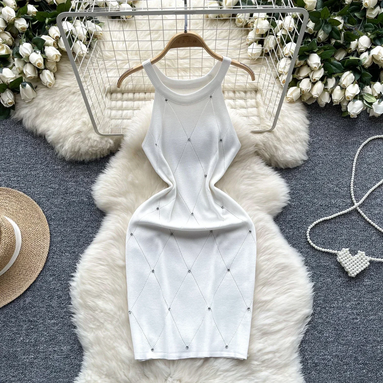 Color: Rose Red, Size: One Size - Beading Halter Women's Knitting Sheath Tank Dress Female Bodycon Knitted Camisole Sleeveless Mini Dresses For Woman Outfits