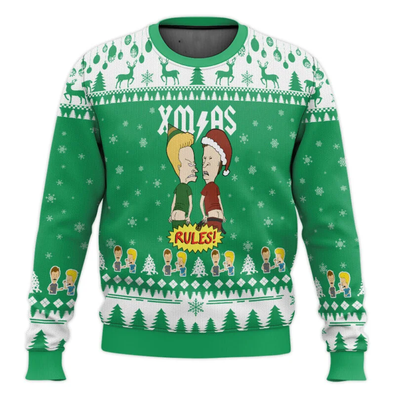Color: GRAY, Size: M - Xmas Rock Beavis and Butthead Ugly Christmas Sweater Cartoon Anime Women Men Pullover Tops New Fashion Couple Hoodie Sweatshirt