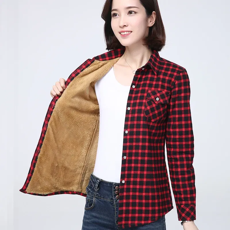 Color: Khaki, Size: L - 2025 Winter New Women's Warm Plaid Shirt Coat Casual Fleece Velvet Plus Thicke Jacket Tops College Style Woman Clothes Outerwear