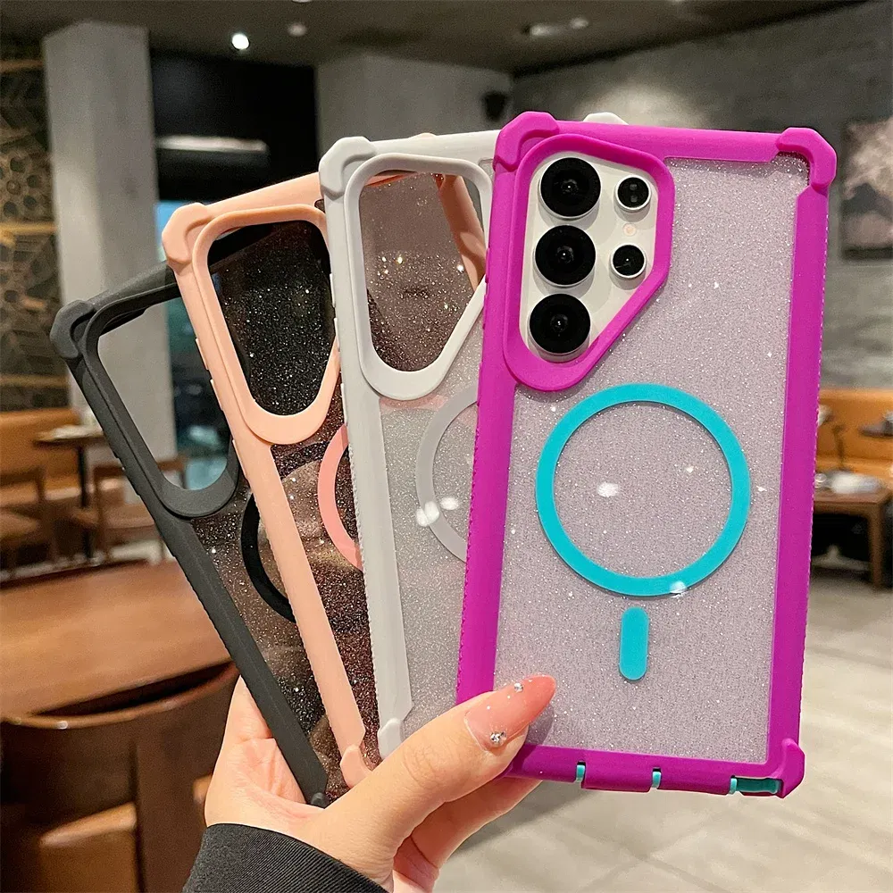 Color: Blue, Compatibility by Model: Galaxy S25+ - For Magsafe Clear Armor Bumper Glitter Phone Case For Samsung S25 Ultra S24 Plus Wireless Charging Shockproof Protective Cover