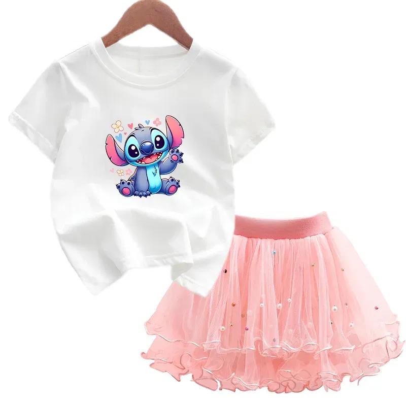 Color: Khaki, Kid Size: 3T - 2pcs Lilo Stitch Summer Girls Outfits Cartoon T-shirt and Tutu Skirt Princess Clothes Suit Children Birthday Clothing Sets