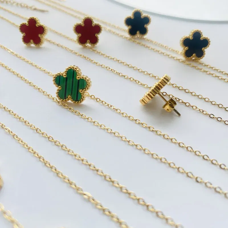 Metal color: Gold-color - 3pcs/set Stainless Steel Flower Jewelry Set Gifts Luxury Modern Fashion Charm Necklace Earrings Bracelet Set Jewelry for Women