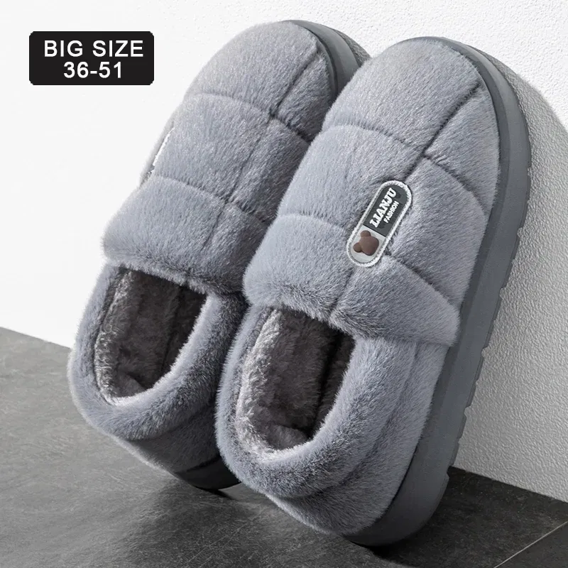 Color: Red, Shoe Size: 46-47 - Men's slippers Winter Solid Color Wrap Heels Plush Slippers Non-slip Warm Women Men Home Casual Cotton Shoes Big Size 50 51