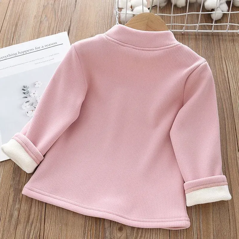 Color: Beige, Kid Size: 4 - 1pcs Children's T-Shirts Rabbit Embroidery Velvet warm top Kids Half High Collar Long Sleeve Base Shirt Girls Tshirts Clothes