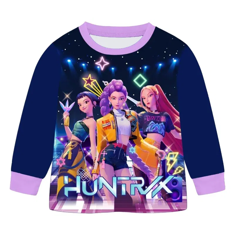 Color: black, Size: 12cm - 2pcs Movie K-pops Demons Hunters Kawaii Pajamas Set Girl Cosplay Nightwears Anime Long Sleeve tops+Pants Fans Halloween Gift