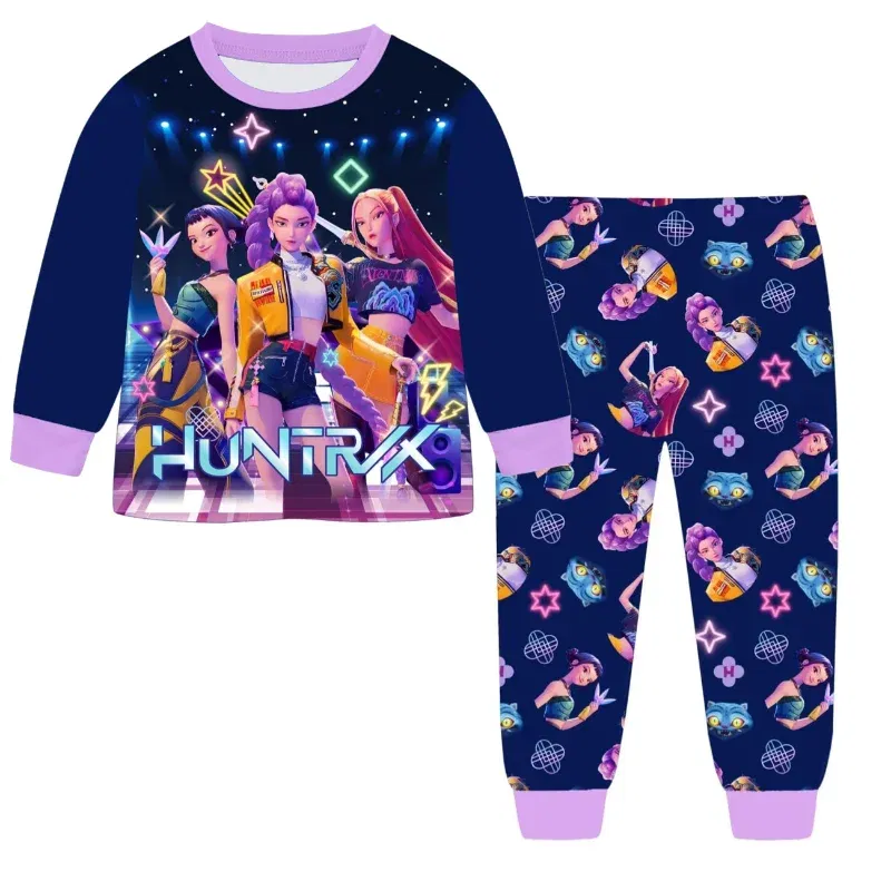 Color: black, Size: 12cm - 2pcs Movie K-pops Demons Hunters Kawaii Pajamas Set Girl Cosplay Nightwears Anime Long Sleeve tops+Pants Fans Halloween Gift