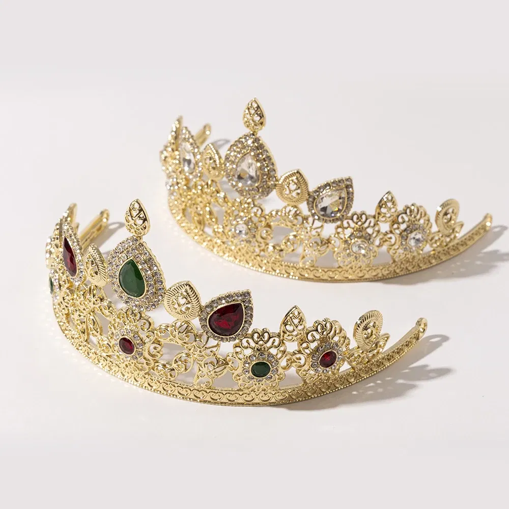 Metal color: Champagne gold - LUIZADA European Princess Queen Round Headdress Moroccan Bride Crystal Crown King Bride Headdress Wedding Hair Accessories