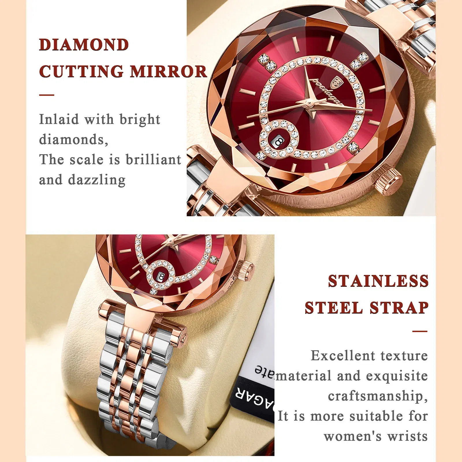 Color: Rose - POEDAGAR Luxury Watch For Woman High Quality Diamond Ladies Quartz Watch Waterproof Date Stainless Steel Women Watches reloj+box