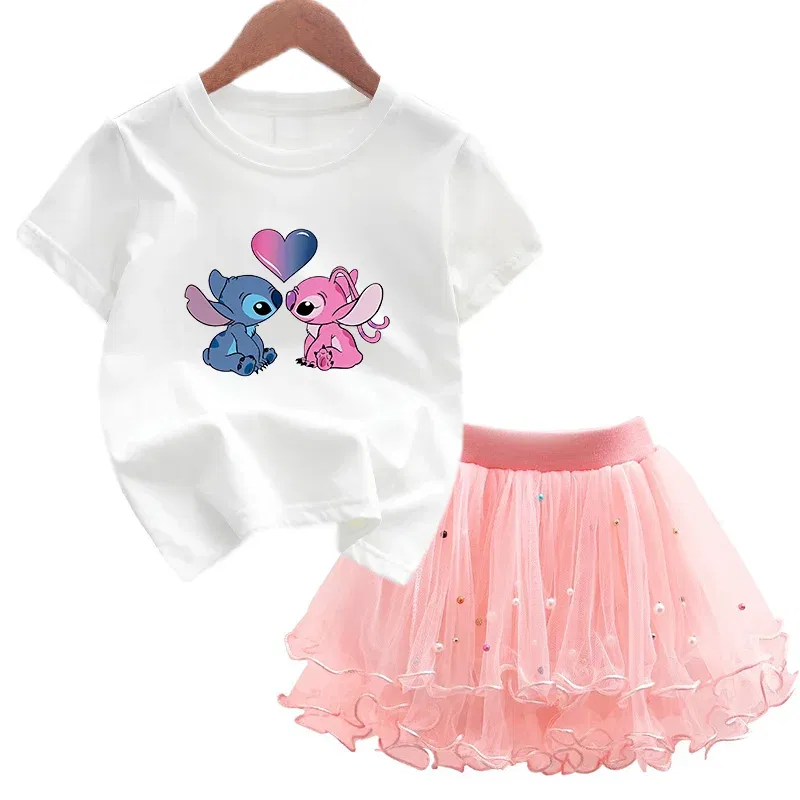 Color: Brown, Kid Size: 4T - 2pcs Lilo Stitch Summer Girls Outfits Cartoon T-shirt and Tutu Skirt Princess Clothes Suit Children Birthday Clothing Sets