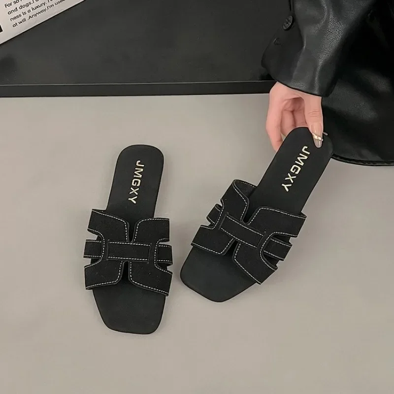 Color: Beige, Shoe Size: 37 - Summer New Women Slippers Flat Bottom Non-slip Outdoor Open Toe Beach Female Sandals Sexy Fashion Design Slides Woman Shoes