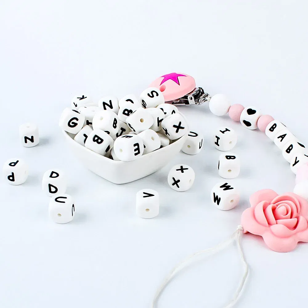 Color: VIOLET/?«?—?…° - 100Pcs Baby Teether 12mm Silicone Letters Beads Pacifier Clip Chain Personalized Name Letter Beads Teething Nursing Toy BPA Free