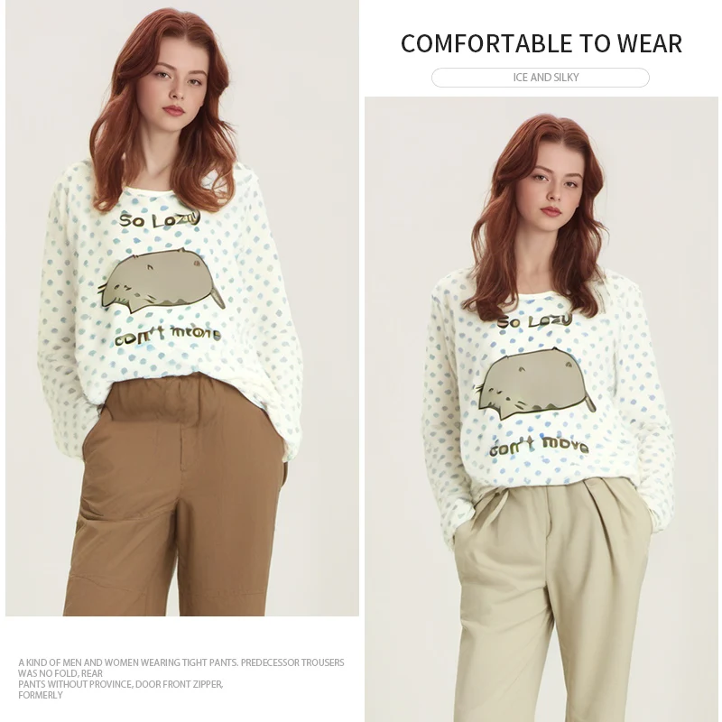 Color: Beige, Size: M - Woman Clothing y2k arcane Cute T-shirts Lazy Cat Print Anime Female Clothing Soft Clothes Loungewear Casual Long-sleeved Tops