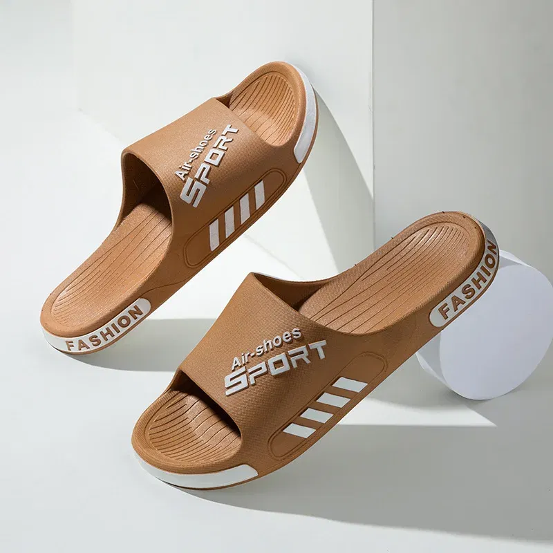 Color: Khaki, Shoe Size: 4 - Fashion Men's Slippers PVC Soft Sole Non-slip Slides Casual Outdoor Beach Flip Flops Home Bathroom Couples Slippers New Sandal