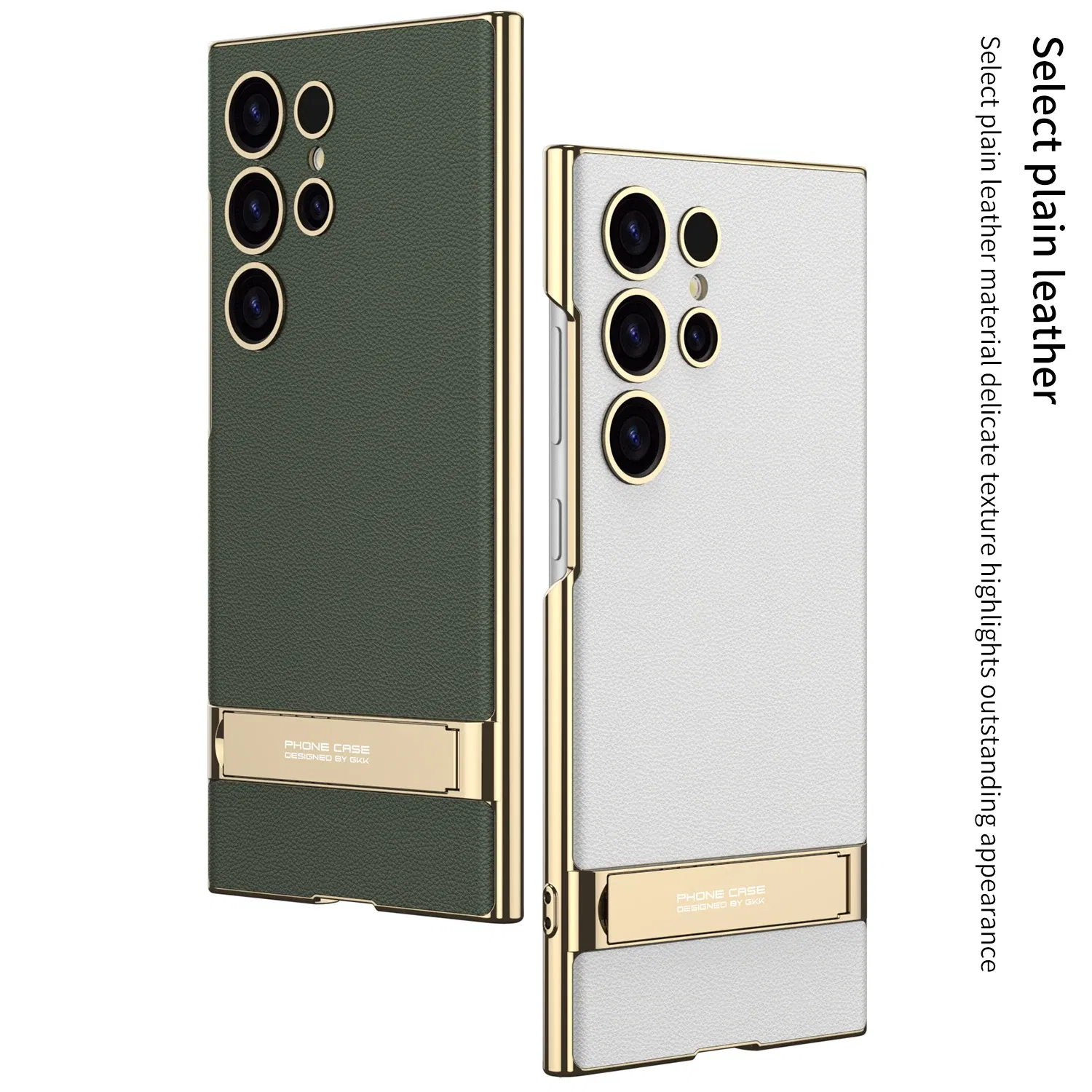 Color: Beige, Bundle: Case & Strap, Material: Canvas - For Samsung Galaxy S24 Ultra Plus Case Luxury Electroplated Gold Border Plain Leather Bracket Shockproof Back Cover Accessories